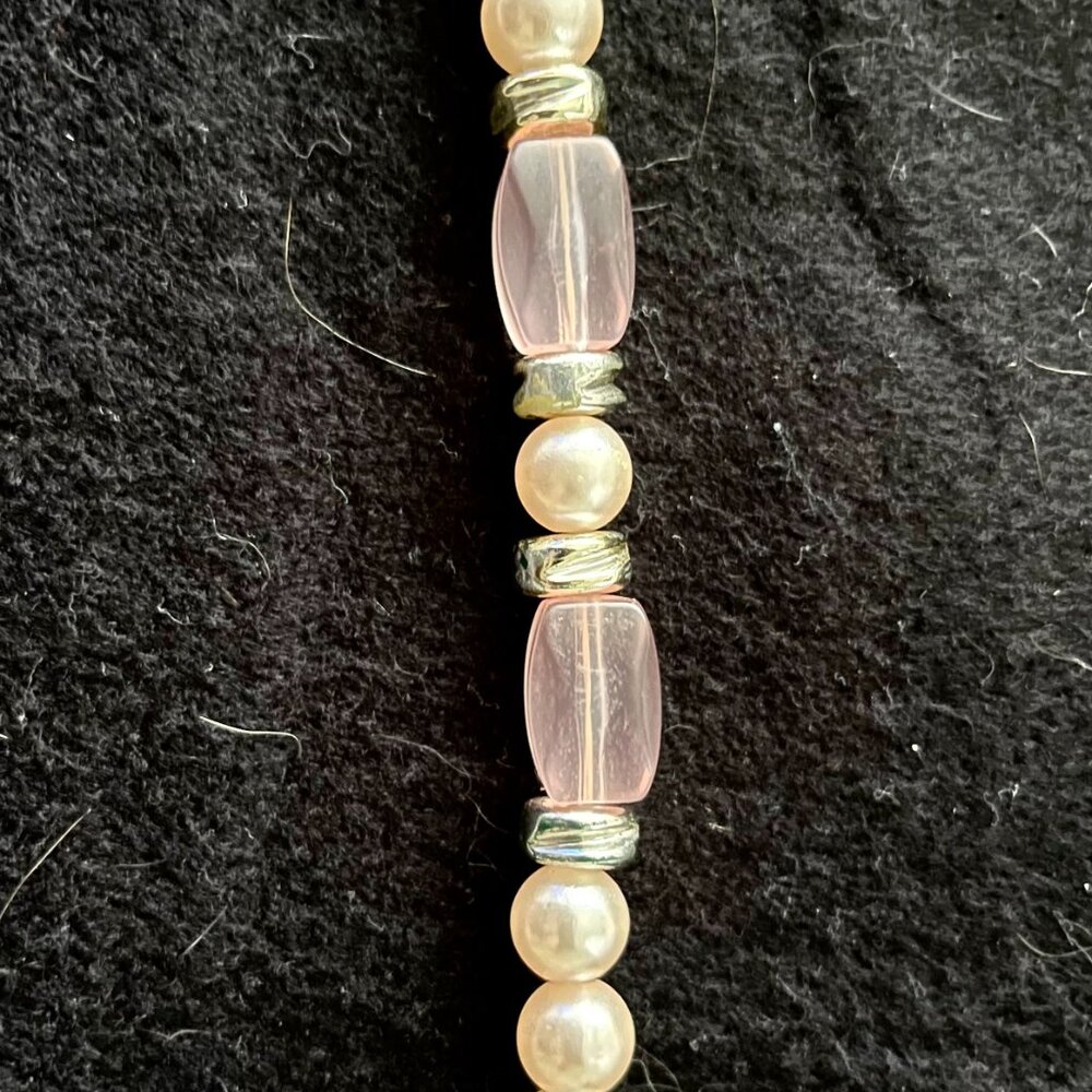 Vintage Estate Faux Pearl, Pink ‘Crystal’ and Silver-Tone Accent Necklace 24” - Picture 5 of 6